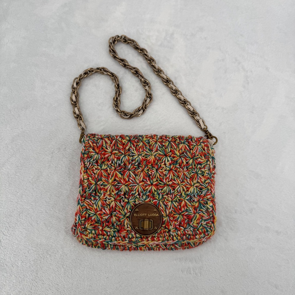 Elliott Lucca Multicolor Woven Crochet Crossbody Clutch Bag Turn Lock Boho Chic